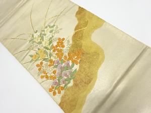 アンティーク　金駒刺繍桔梗に秋草・女郎花模様袋帯（材料）
